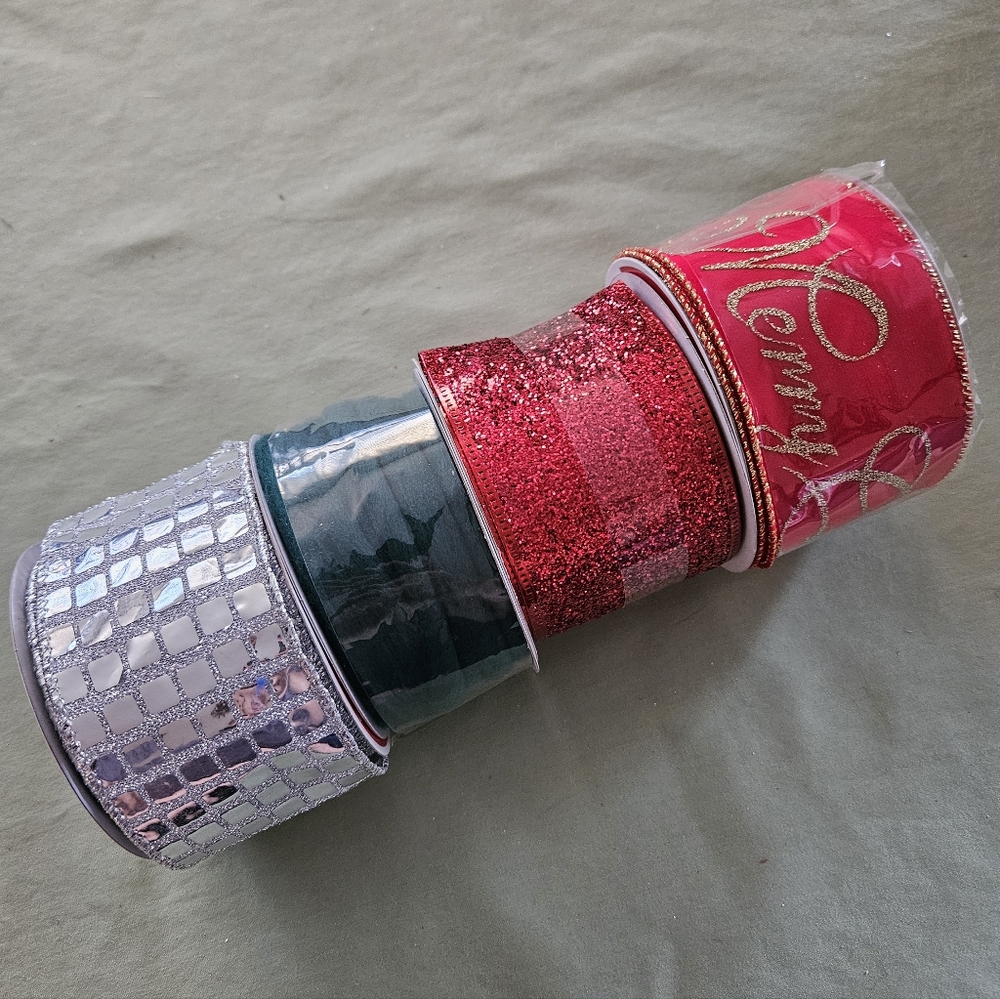 NEW Ashland Christmas Set of‎ 4 Festive Ribbon Rolls (3 x Wired & 1 x Regular)
